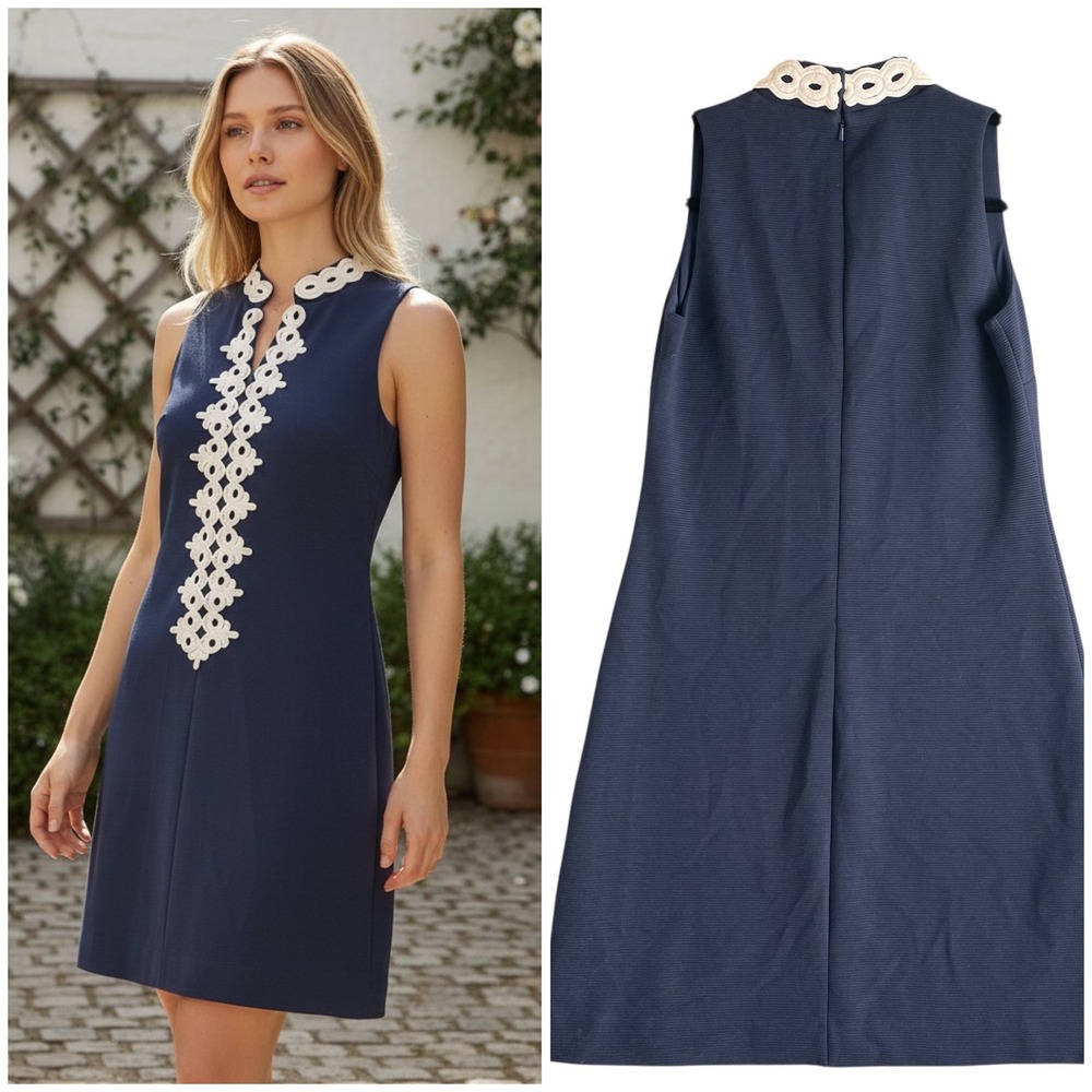 Lilly Pulitzer Navy Blue‎ Sleeveless Embroidered Collar Shift Dress XS